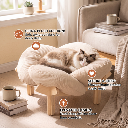 Luxury Elevated Wooden Flower Pet Bed with Plush Cushion