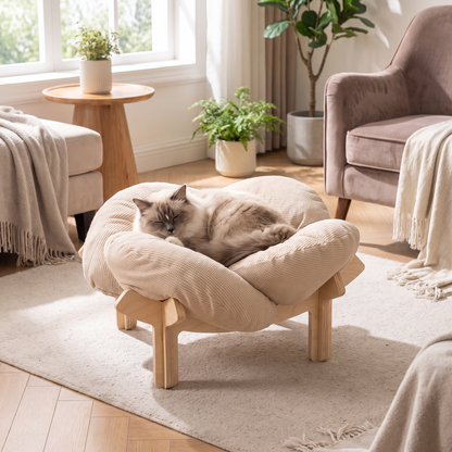 Luxury Elevated Wooden Flower Pet Bed with Plush Cushion