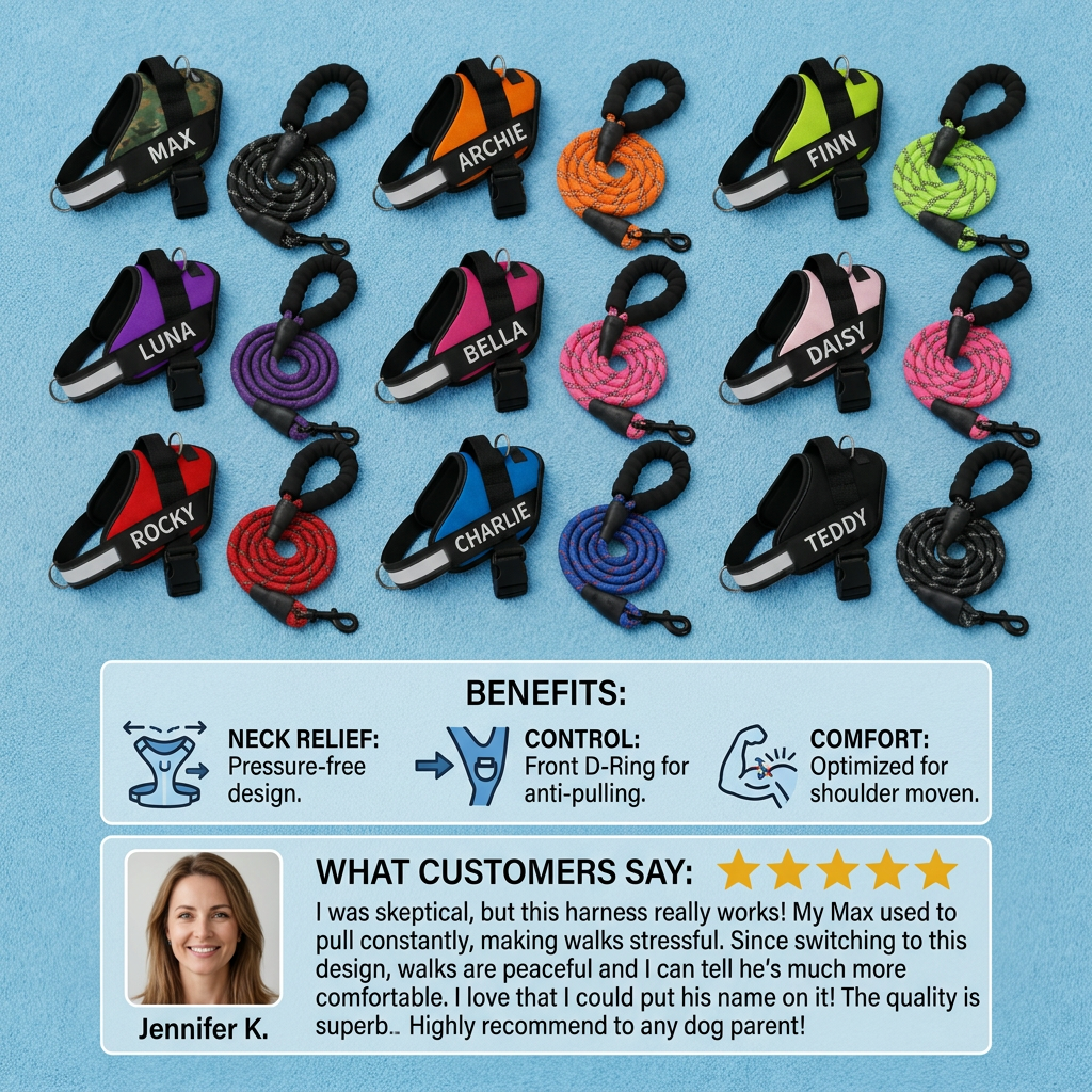 Personalized No-Pull Dog Harness with Front D-Ring – Designed for Neck & Shoulder Relief