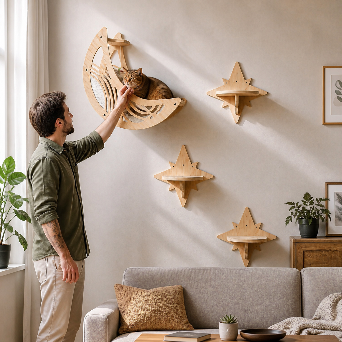 Modern Wooden Moon & Star Wall-Mounted Cat Climbing Shelves & Bed Set