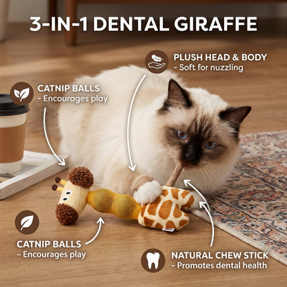3-in-1 Dental Giraffe Cat Toy – Plush, Catnip Balls & Natural Chew Stick