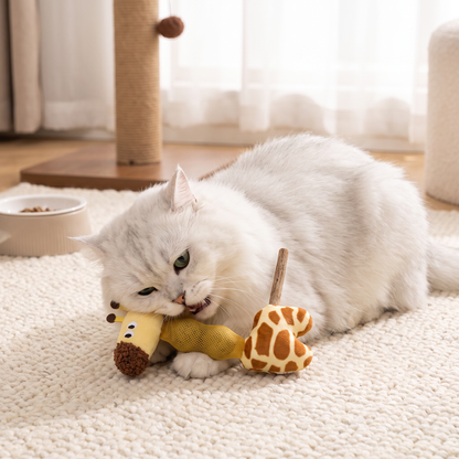 3-in-1 Dental Giraffe Cat Toy – Plush, Catnip Balls & Natural Chew Stick