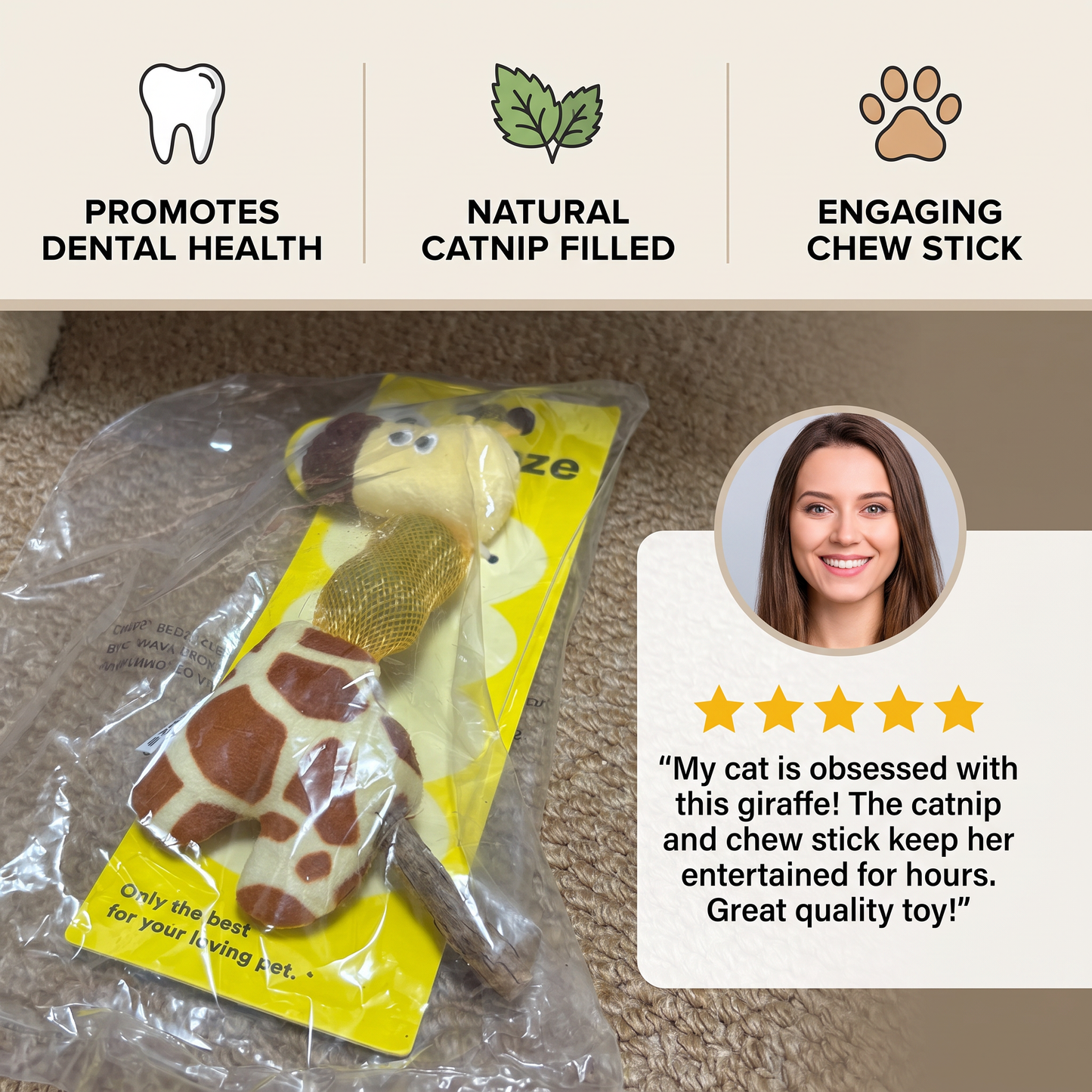 3-in-1 Dental Giraffe Cat Toy – Plush, Catnip Balls & Natural Chew Stick