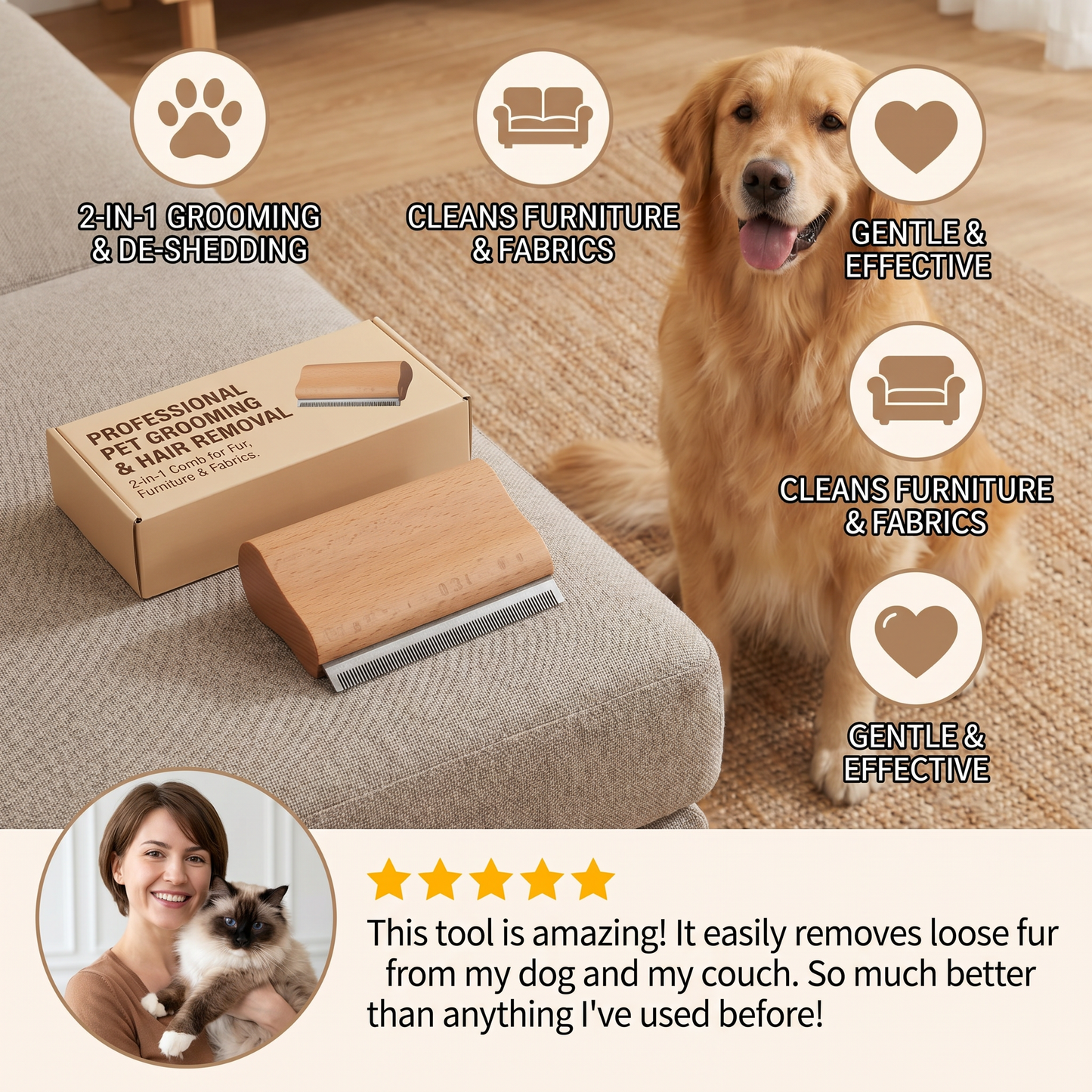 2-in-1 Pet Grooming & Hair Removal Comb for Fur, Furniture & Fabrics