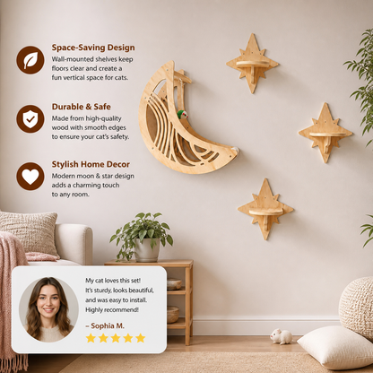 Modern Wooden Moon & Star Wall-Mounted Cat Climbing Shelves & Bed Set