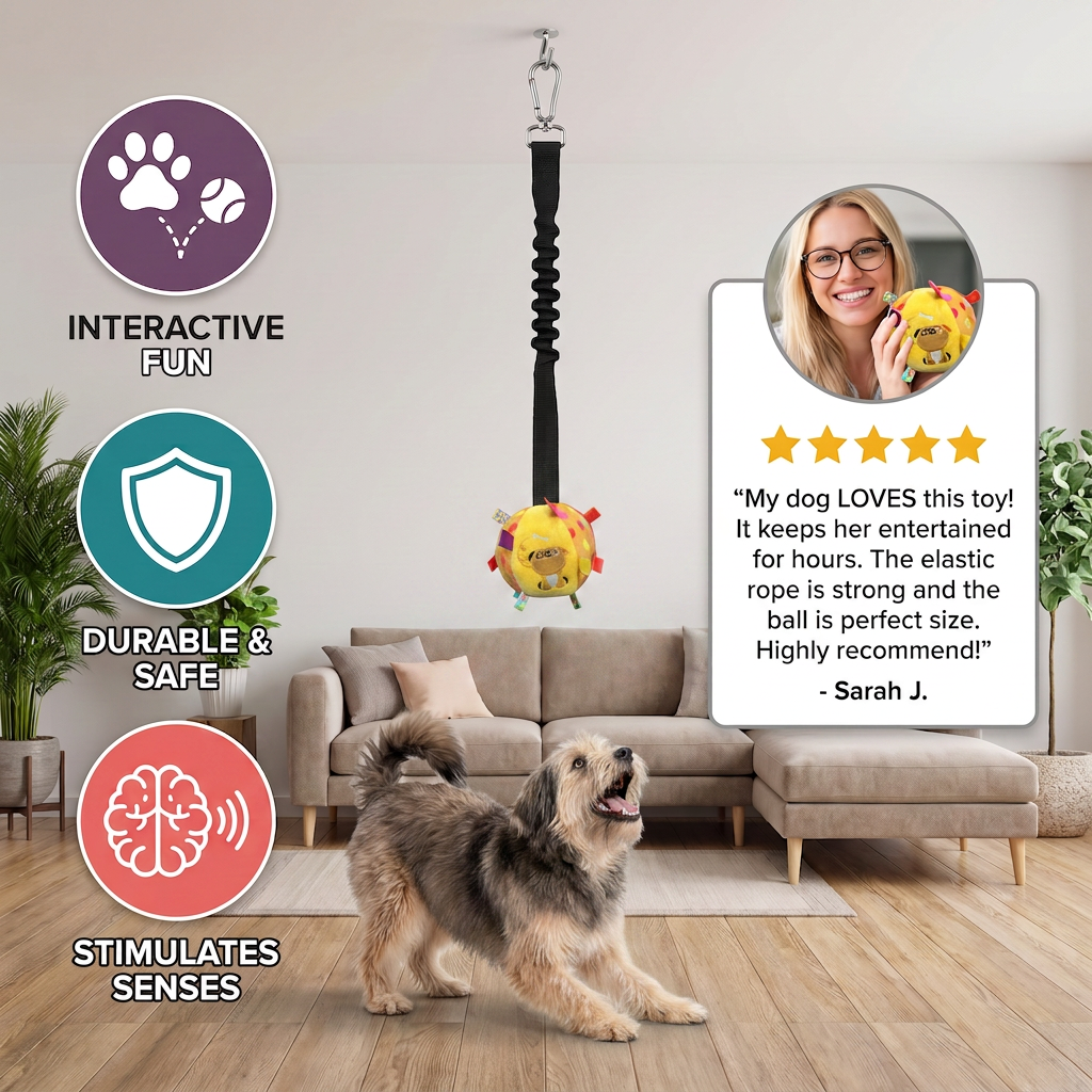 Interactive Hanging Dog Ball Toy with Elastic Play Rope & Hook
