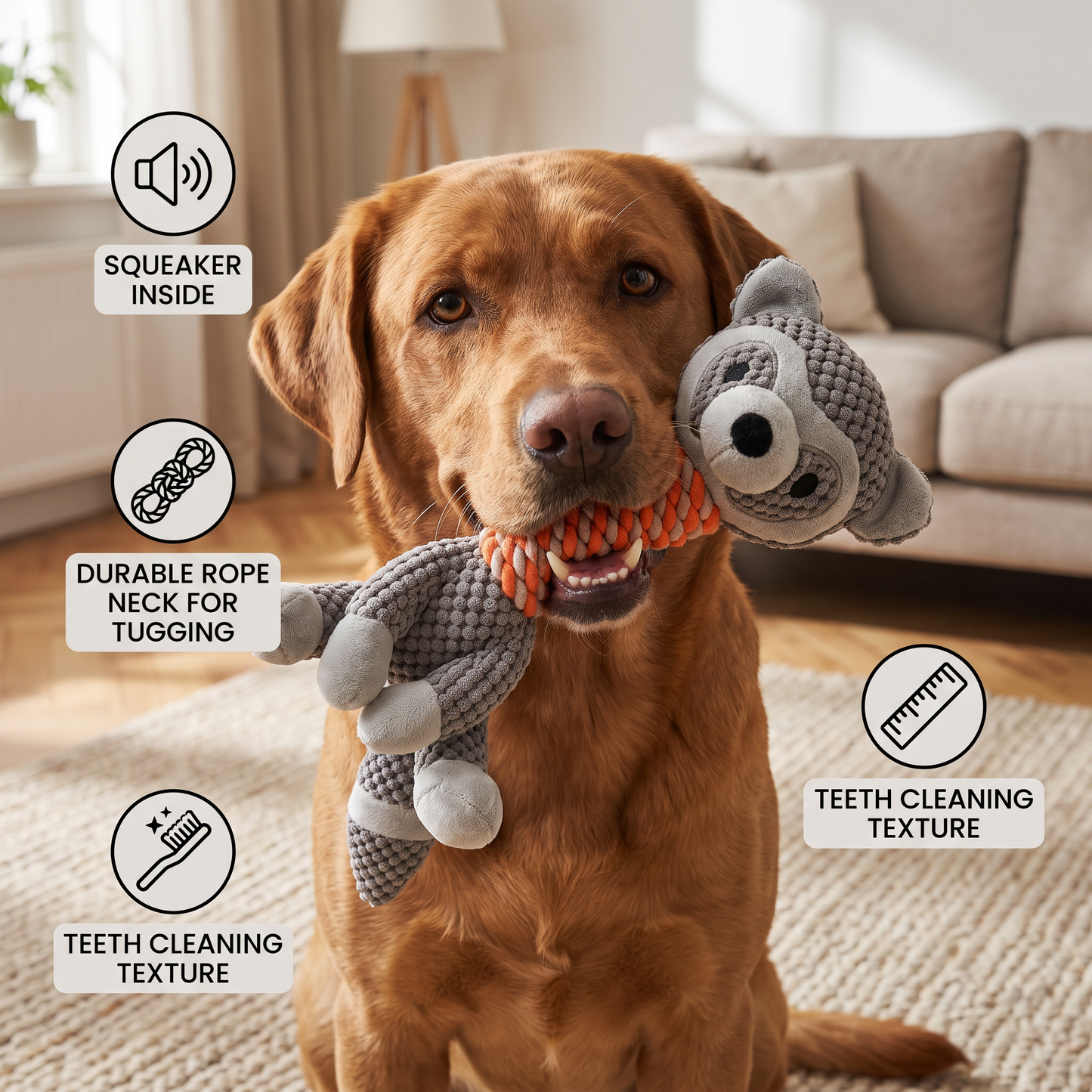 Durable Animal Plush Rope Dog Toy with Squeaker & Teeth Cleaning