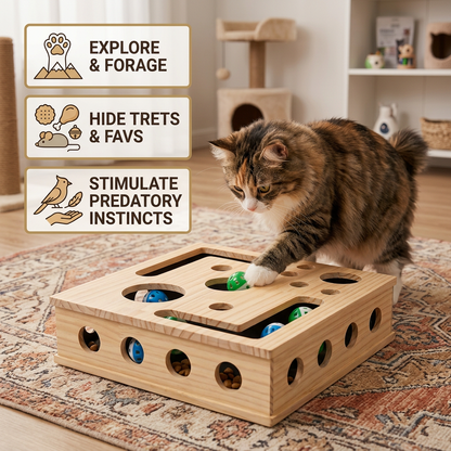 Interactive Wooden Cat Puzzle Box – Scratch, Hide & Treat Enrichment Toy