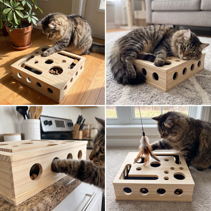 Interactive Wooden Cat Puzzle Box – Scratch, Hide & Treat Enrichment Toy
