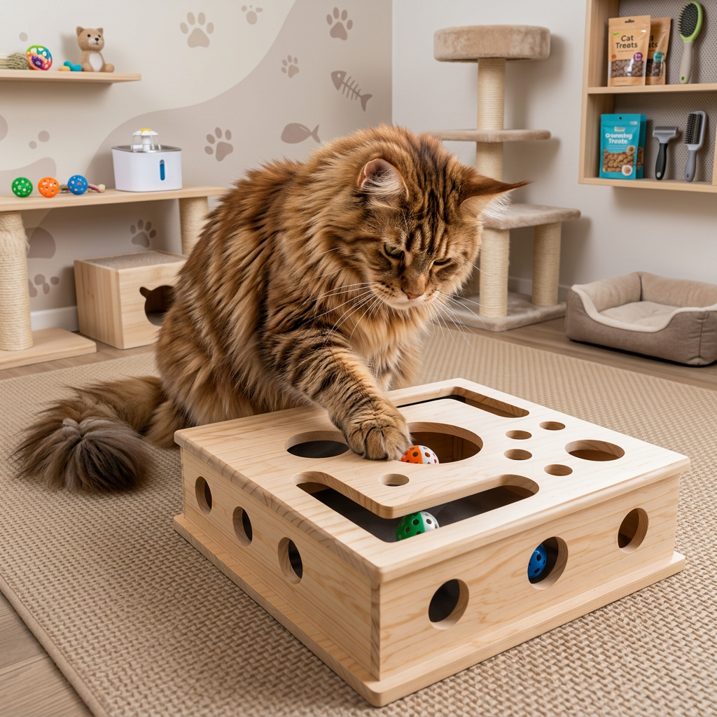 Interactive Wooden Cat Puzzle Box – Scratch, Hide & Treat Enrichment Toy