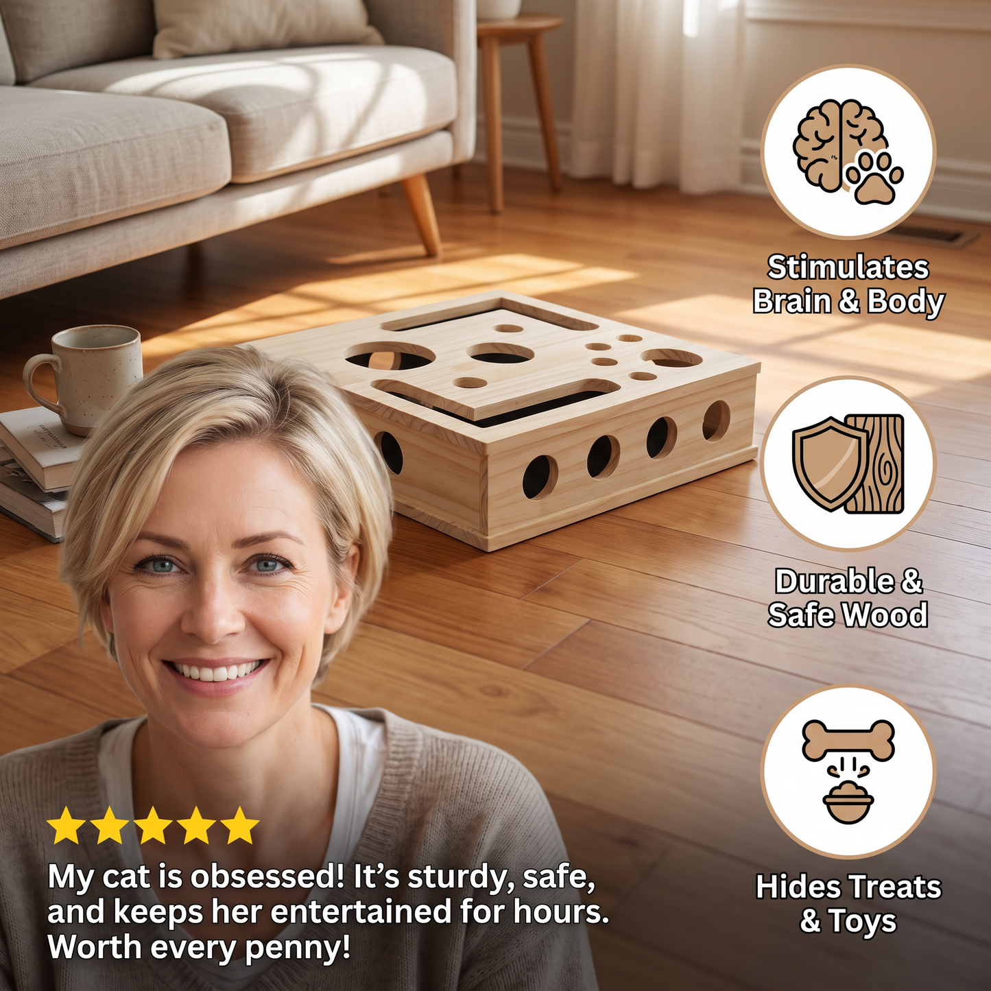 Interactive Wooden Cat Puzzle Box – Scratch, Hide & Treat Enrichment Toy
