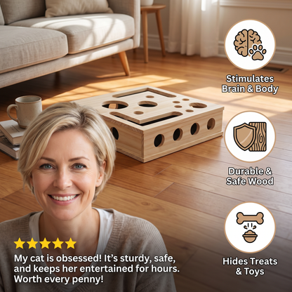 Interactive Wooden Cat Puzzle Box – Scratch, Hide & Treat Enrichment Toy