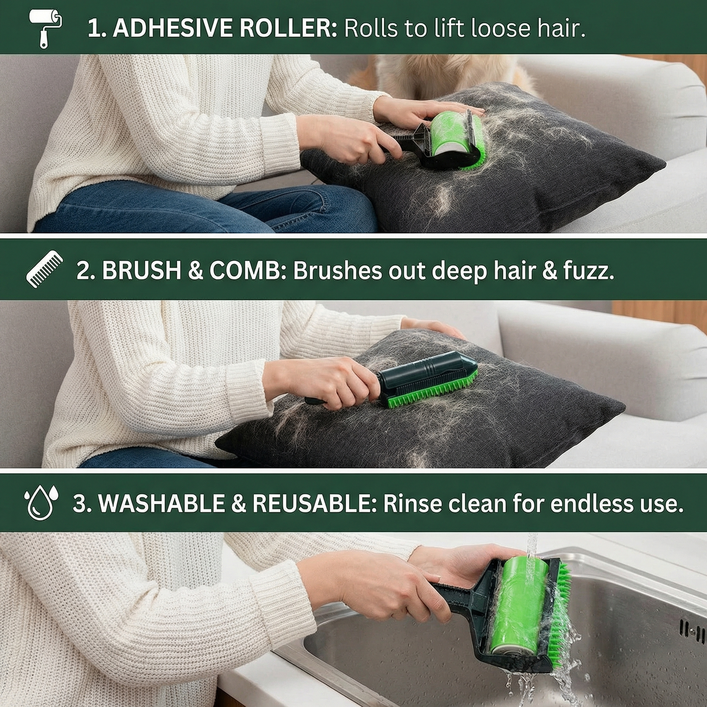 Reusable 3in1 Pet Hair Removal Brush