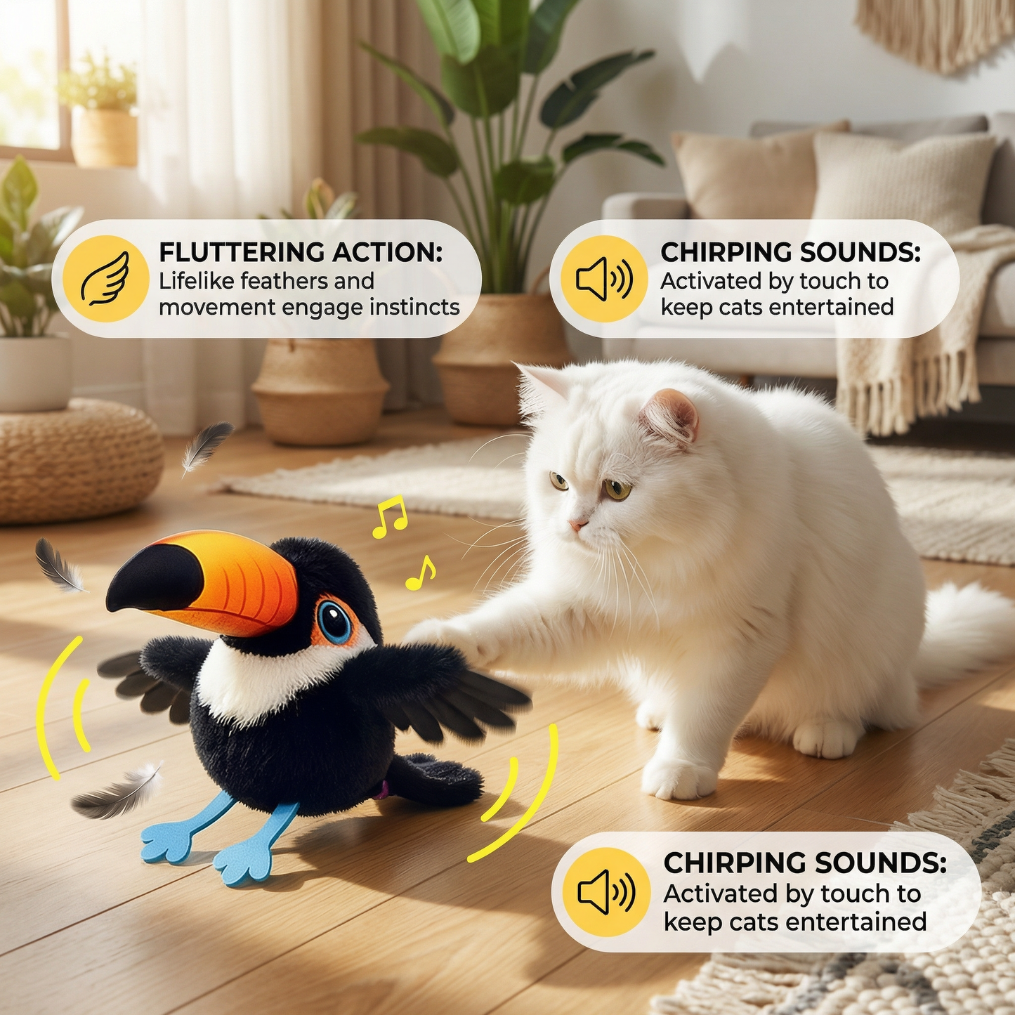 Fluttering and chirping bird cat toy