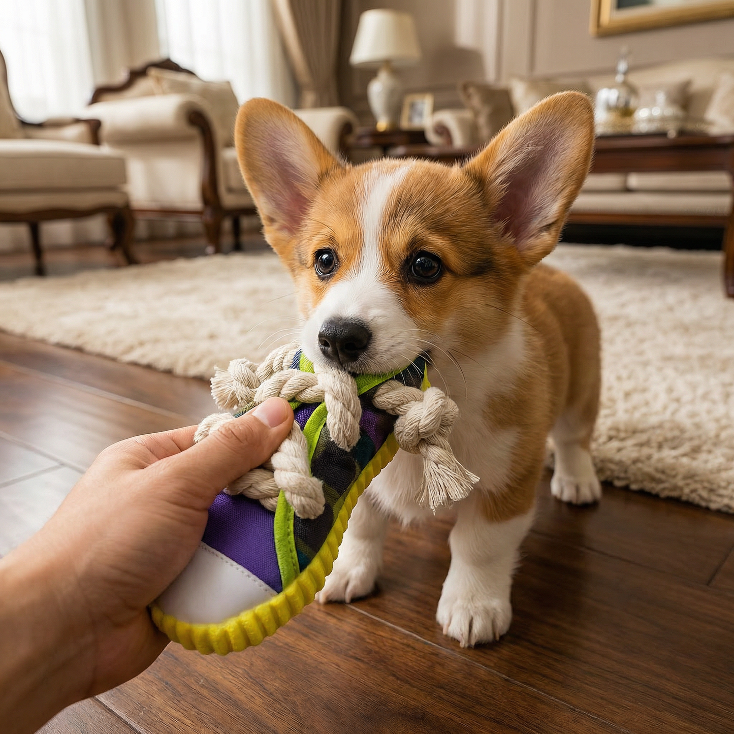 Squeaky slipper with sturdy cotton rope – dental care & fun for dogs