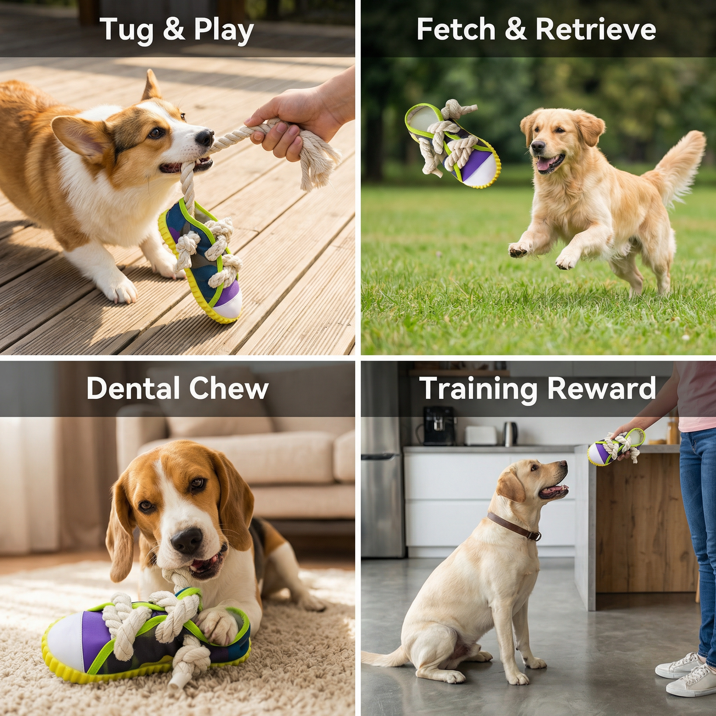 Squeaky slipper with sturdy cotton rope – dental care & fun for dogs