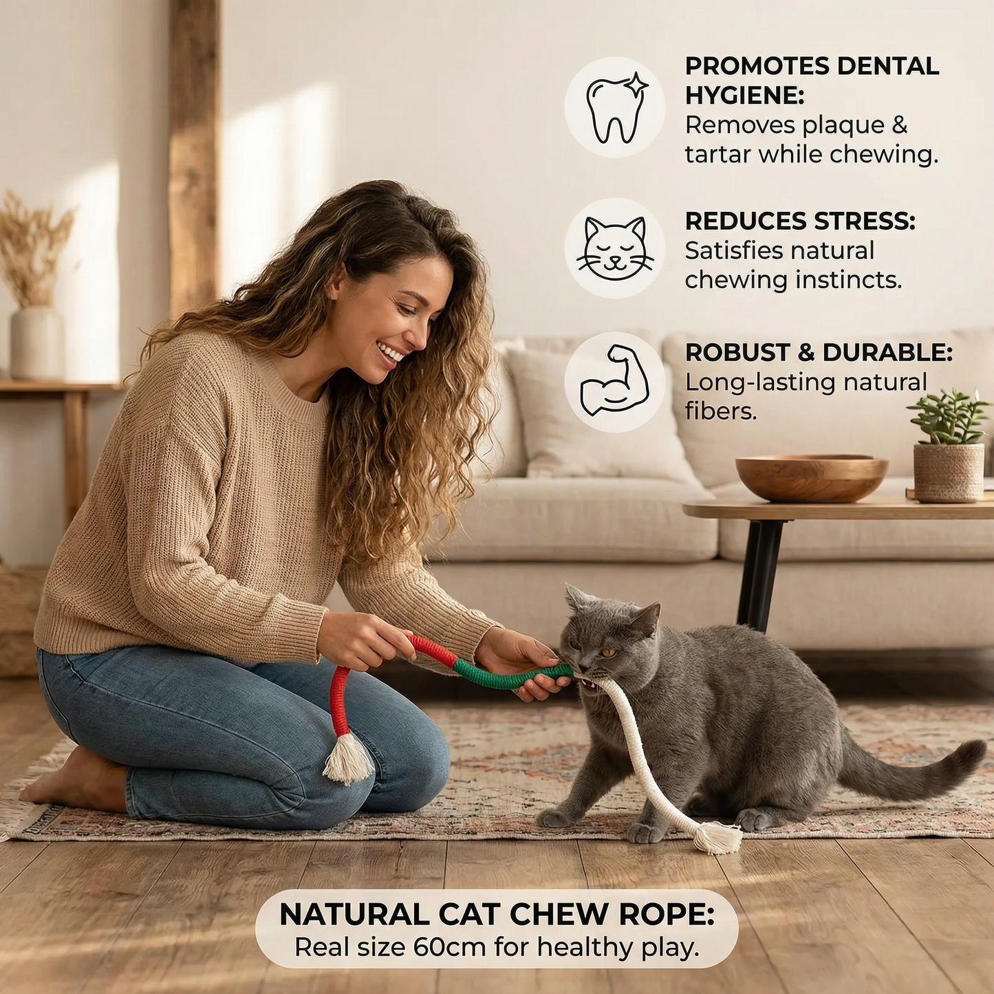 Natural cat chew rope – robust, promotes dental hygiene and reduces stress
