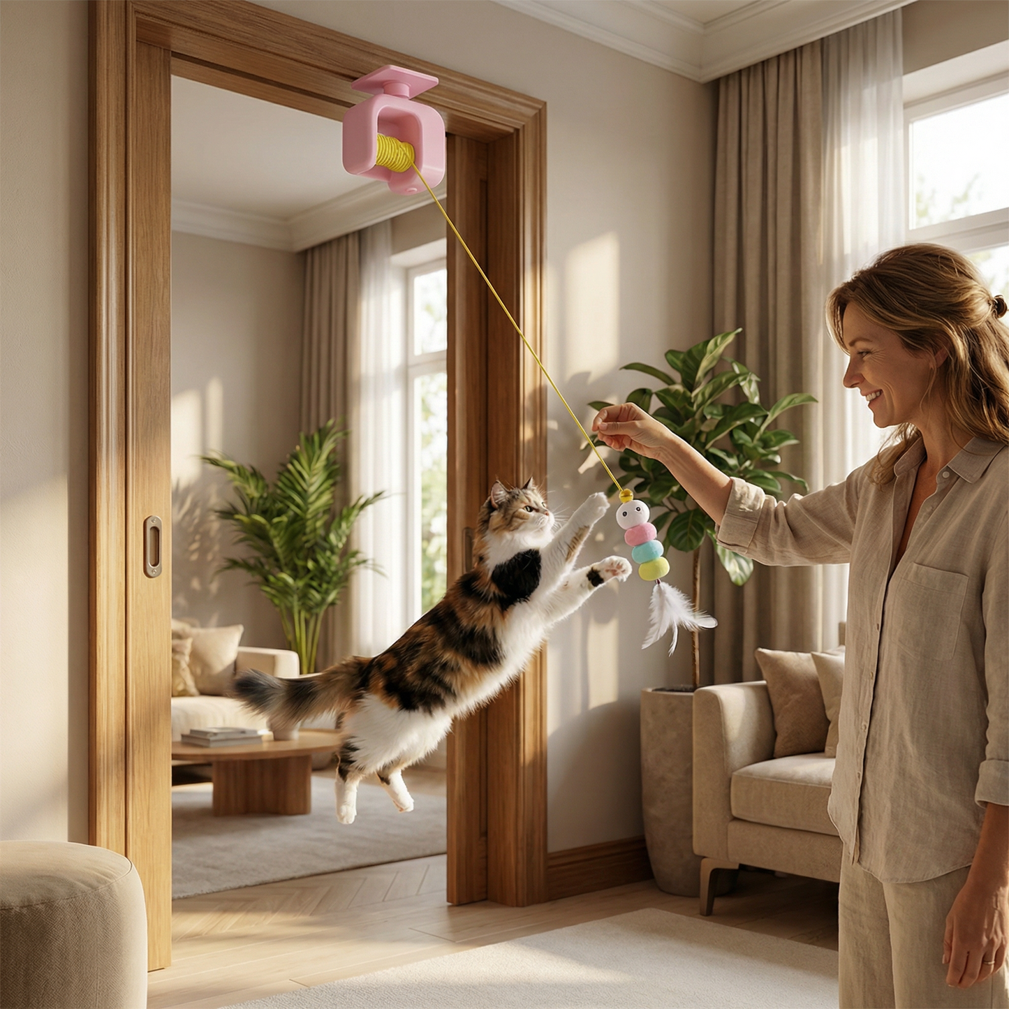 Interactive door yo-yo cat toy with self-play function