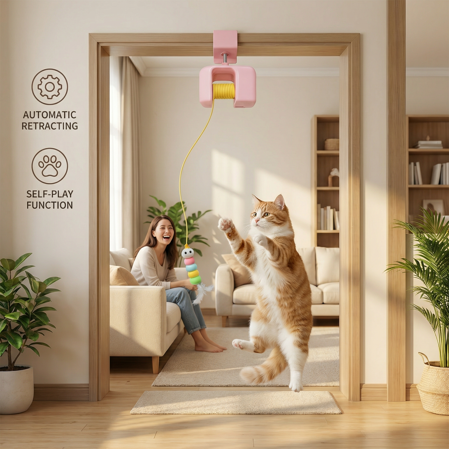 Interactive door yo-yo cat toy with self-play function
