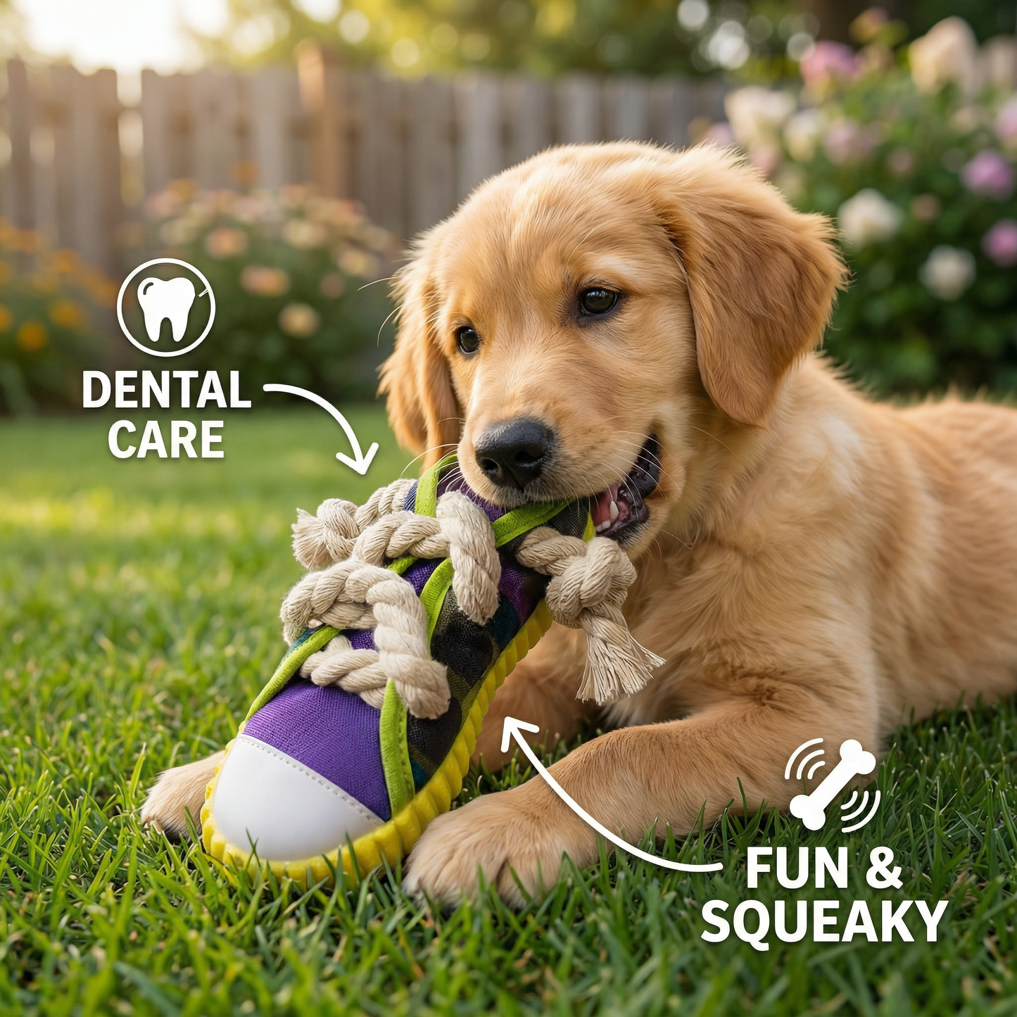 Squeaky slipper with sturdy cotton rope – dental care & fun for dogs