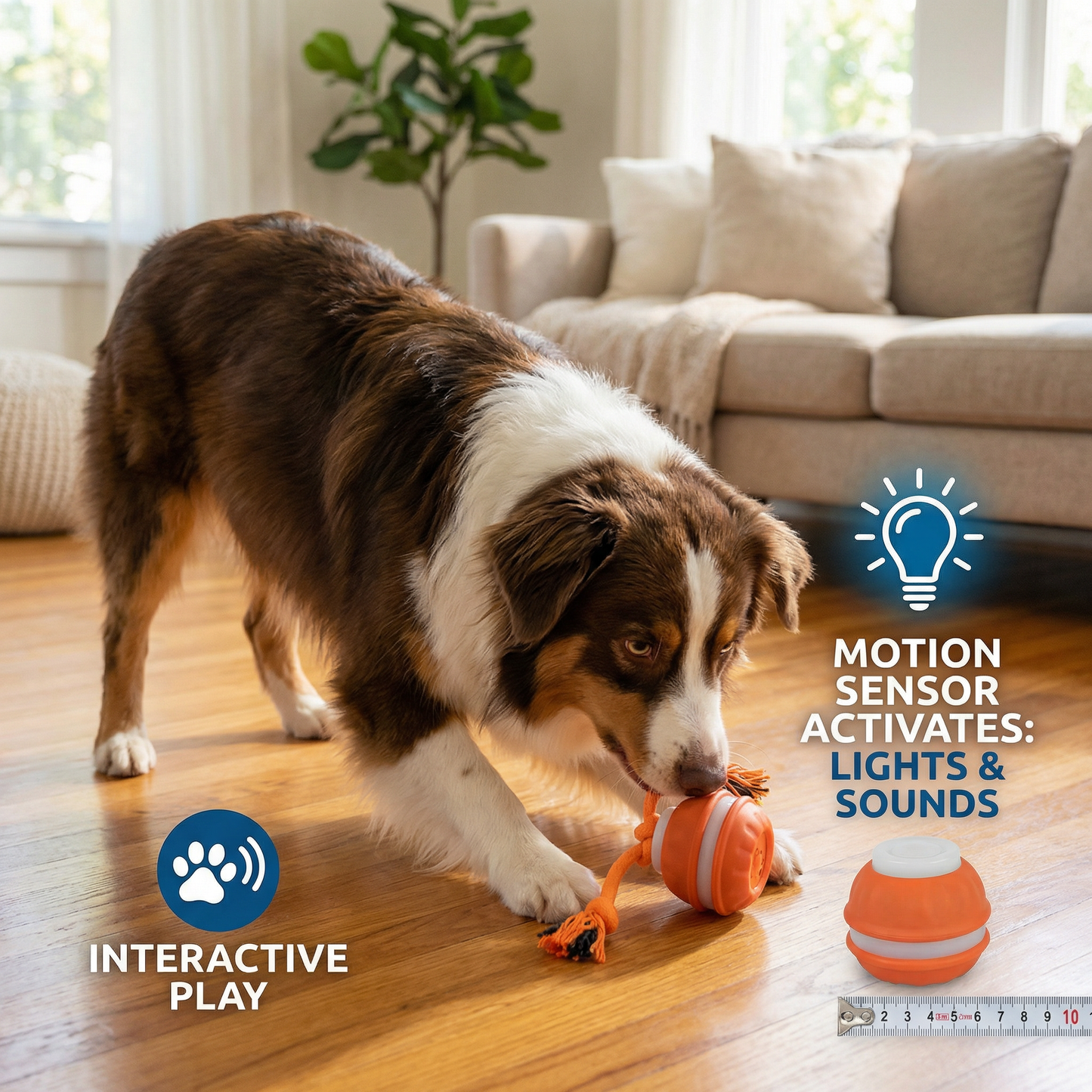 Durable Dog Play Ball with Motion Sensor and Tug Rope in Dog-Friendly Colours