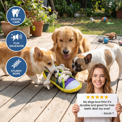 Squeaky slipper with sturdy cotton rope – dental care & fun for dogs