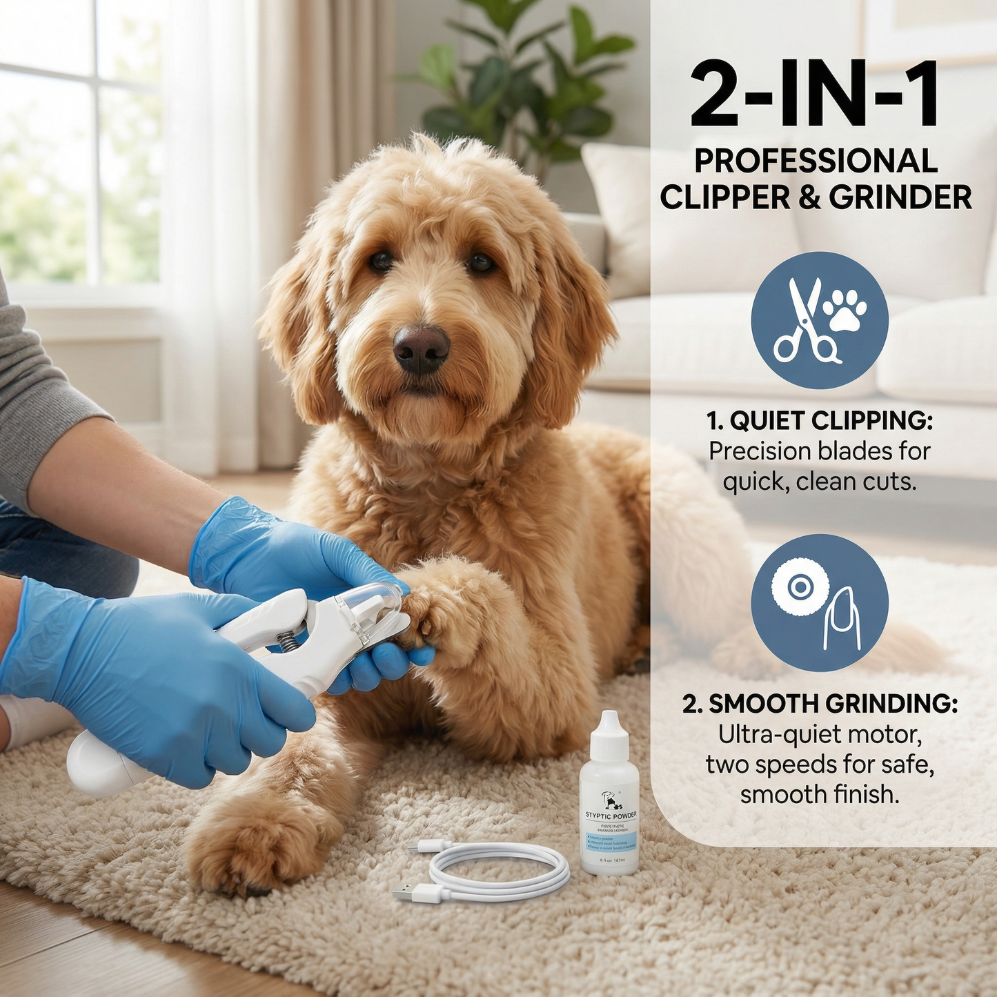 2-in-1 Professional Dog Nail Clipper & Grinder – Ultra-Quiet & Rechargeable