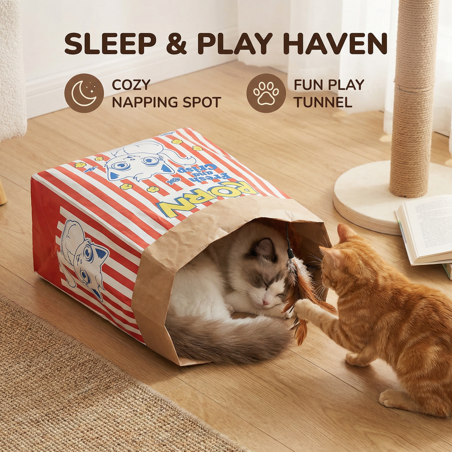 Cat Sleep & Play Cardboard Popcorn Bag