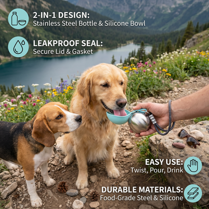 2-in-1 Dog Travel Water Bottle – Leakproof Stainless Steel Bottle with Silicone Bowl