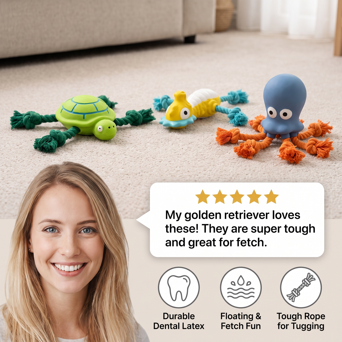 Durable Floating Dental Latex & Rope Dog Toy
